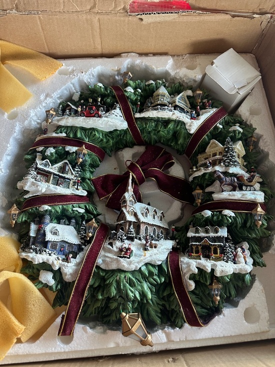 Thomas Kinkade Other - Thomas Kinkade Green Holiday Village Wreath with Burgundy Ribbon